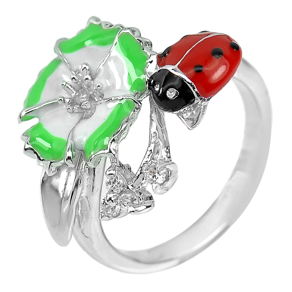 925 Sterling Silver Ring Jewelry Size 9 Beautiful Ladybug Enamael Design 7.67 Grams (1 of 3)