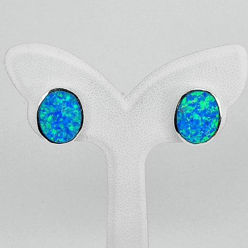 925 Sterling Silver Stud Earrings Jewelry with Multi Color Blue Created Opal 3.31 G. (1 of 3)