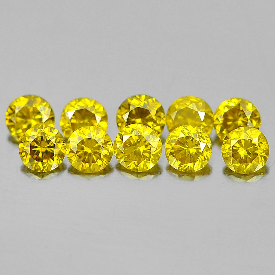 Natural Yellow Diamond 0.14 Ct. 10 Pcs. Round Brilliant Cut 1.5 Mm.: Product ID: 802104502 Product Name: Natural Enhanced Diamond Weight: 0.14 CT. Size: 1.5 x 1.5 x 1 MM. Shape: Round Brilliant Cut Color: Yellow Clarity:VSI - SI1 Luster: Scintillating Gems Origin: Belg