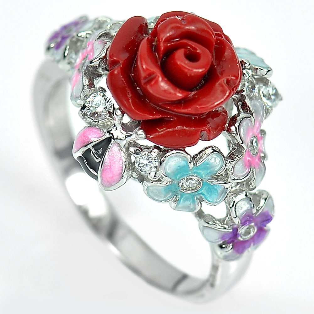 925 Sterling Silver Ring Size 6 Flower Rose Red Resin and Enamel 5.74 Grams (1 of 3)