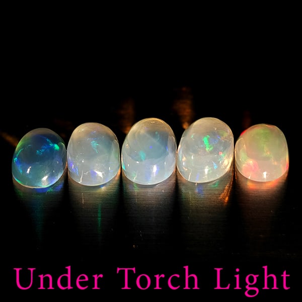 Natural Multi Color Opal 1.67 Ct. 5 Pcs Oval Cabochon Shape 6 x 4.1 Mm Gemstones From Ethiopia: Product ID: 818728070 Product Name: Natural Opal Weight: 1.67 CT. Size: 6 x 4.1 x 3 MM. Shape: Oval Cabochon Color: Multi-Color Clarity:Semi - Transparent Luster: Good Gems Origin: Ethiopia Treatment: