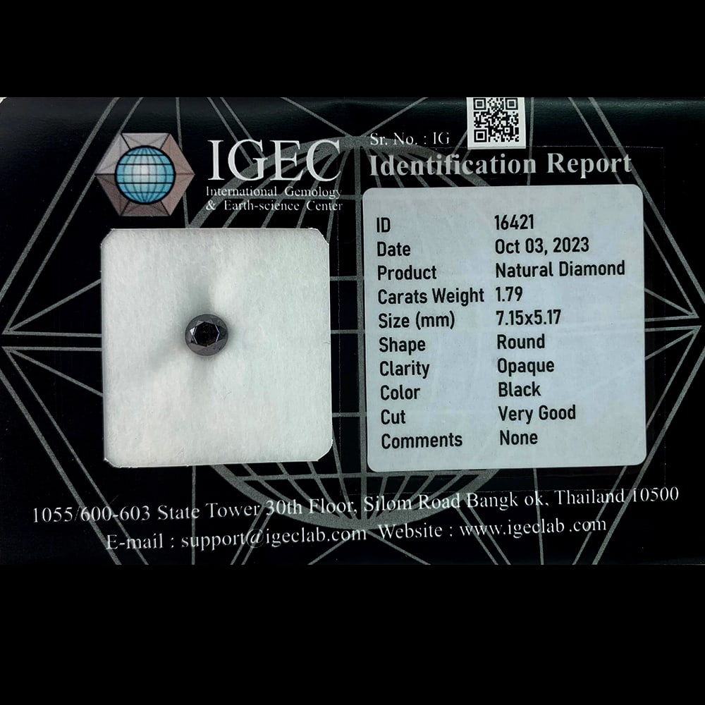 Natural Black Diamond 1.79 Ct. Round Brilliant Cut 7.15 x 5.17 Mm. From Belgium: Product ID: 502100027 Product Name: Natural Enhanced Diamond Weight: 1.79 CT. Size: 7.15 x 5.17 MM. Shape: Round Brilliant Cut Color: black Clarity:Opaque Luster: Good Gems Origin: Belgium Treatment: