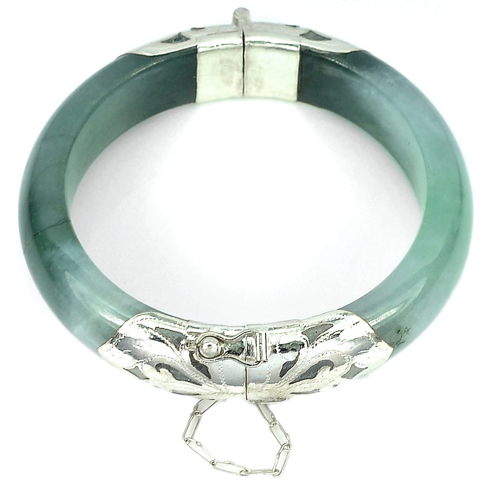 Natural Green Jade Bangle 323.79 Ct. with Silver Diameter 55 mm. Unheated Gemstone (1 of 3)