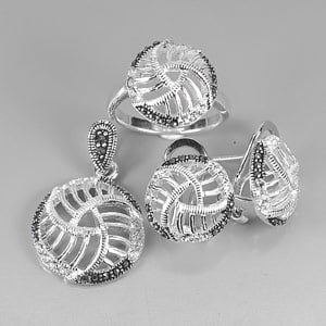 925 Silver Jewelry Sets Ring Pendent Earrings with Black Marcasite 13.09 Grams: Product ID: 207100018 Product Type: 925 Sterling Silver Fine Jewelry Jewelry Weight: 13.09 Grams. Ring Size: 7 Resizable(Fee) Gemstones Color: Black Metal: Solid Silver 92.5%. Gemstone Detail: Many Ro