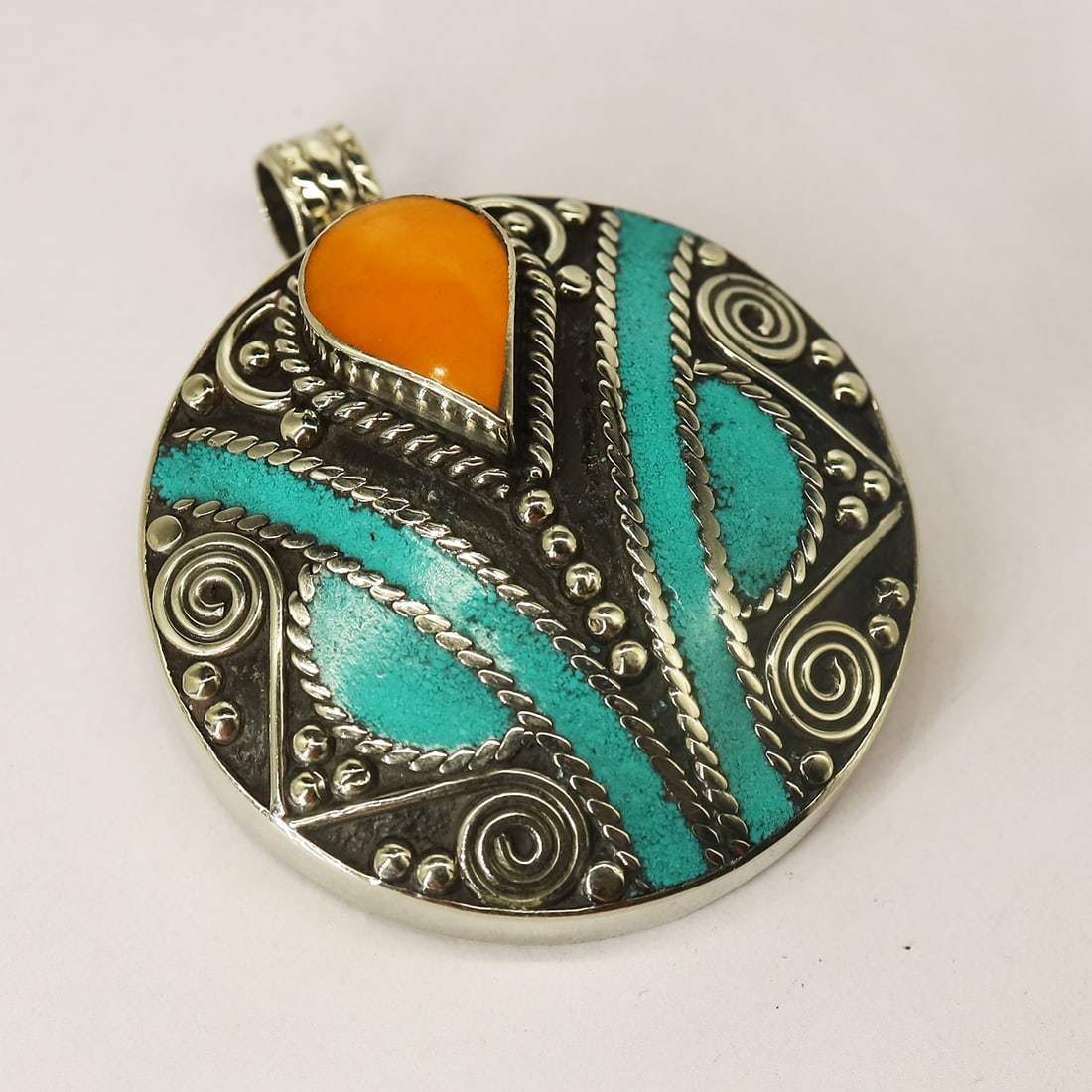 Tibetan Natural Turquoise & Copal Designer Pendant (1 of 3)