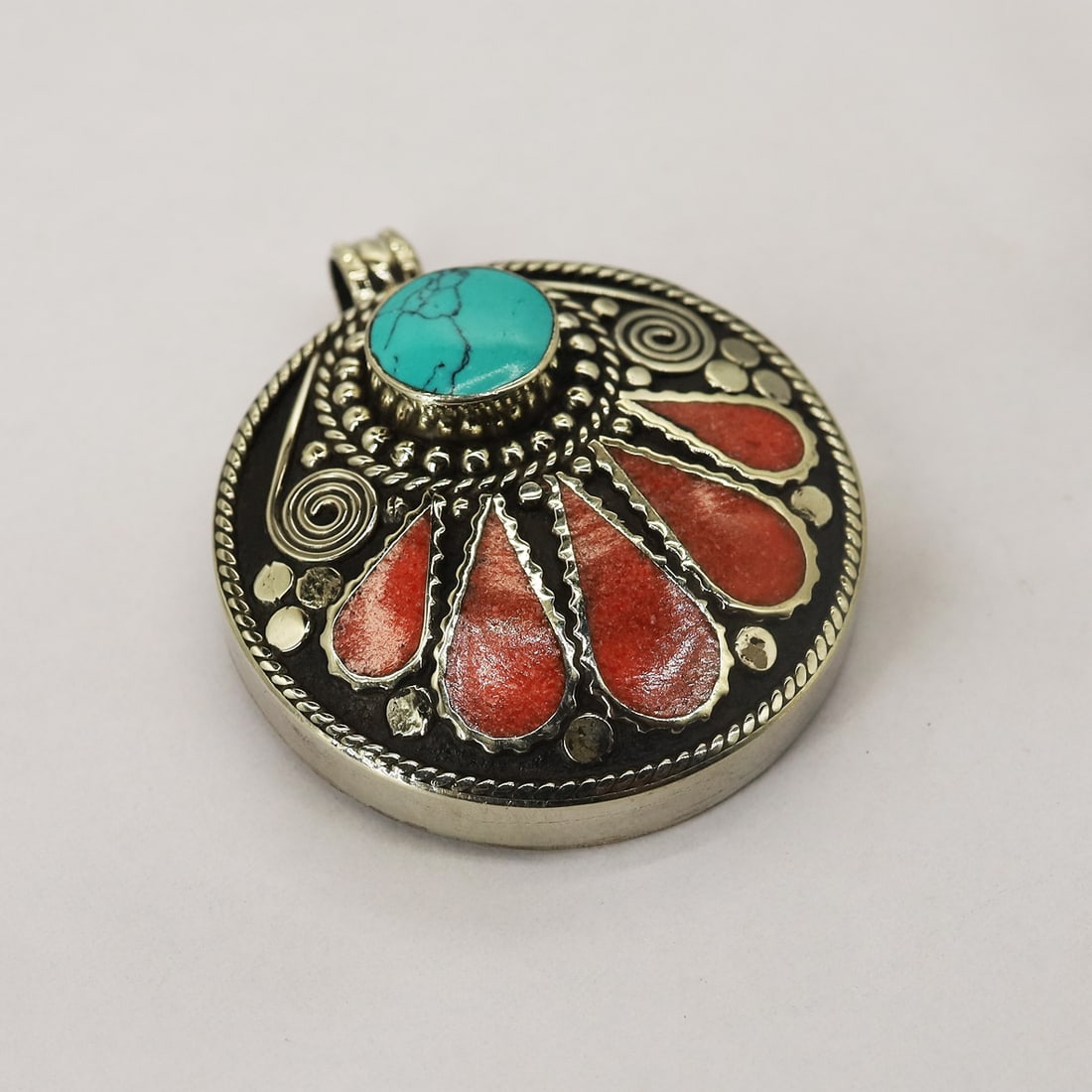Tibetan Turquoise & Coral Handmade Pendant (1 of 3)