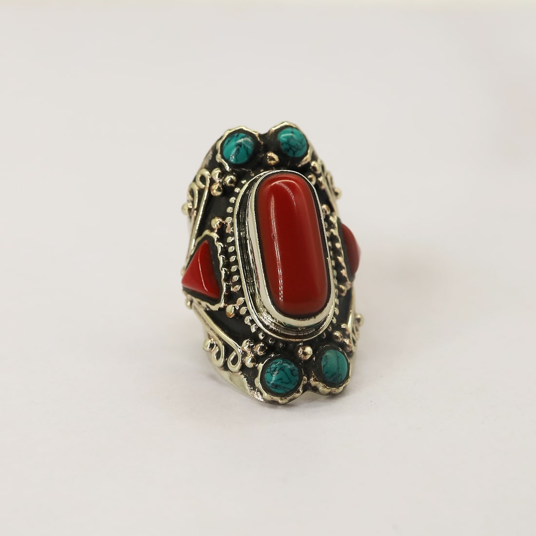 Tibetan Natural Turquoise & Coral Ring - 6.5 MM (1 of 3)
