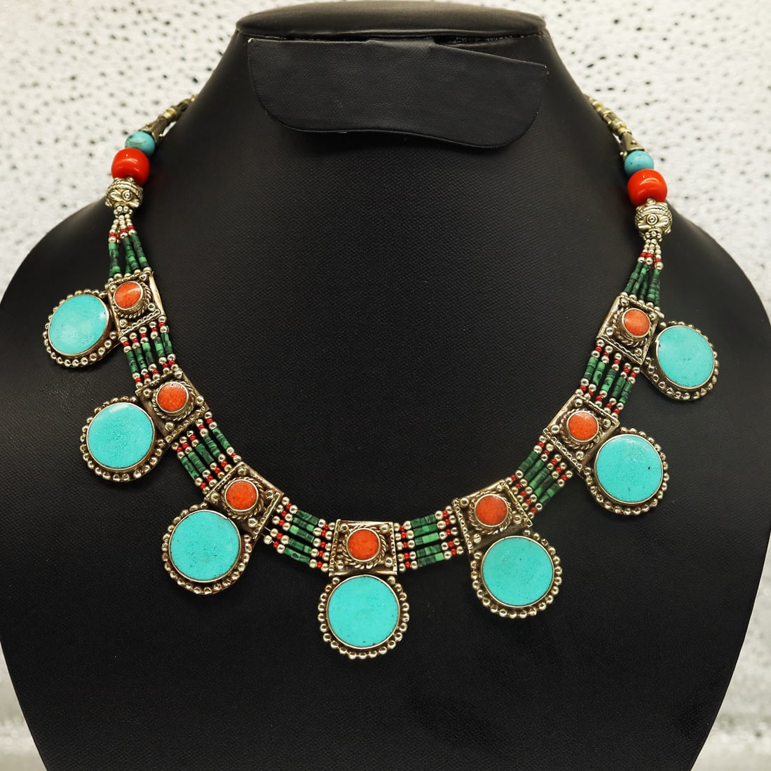 Tibetan Turquoise & Coral Handmade Designer Necklace: Product ID: 250810163232 Product - Tibetan Handmade Necklace Gemstone - Natural Turquoise & Copal Size - 18 Inch Long Weight - 50 Gram Approx Metal - Brass & Copper mix Metal Origin - Nepal Country/Re