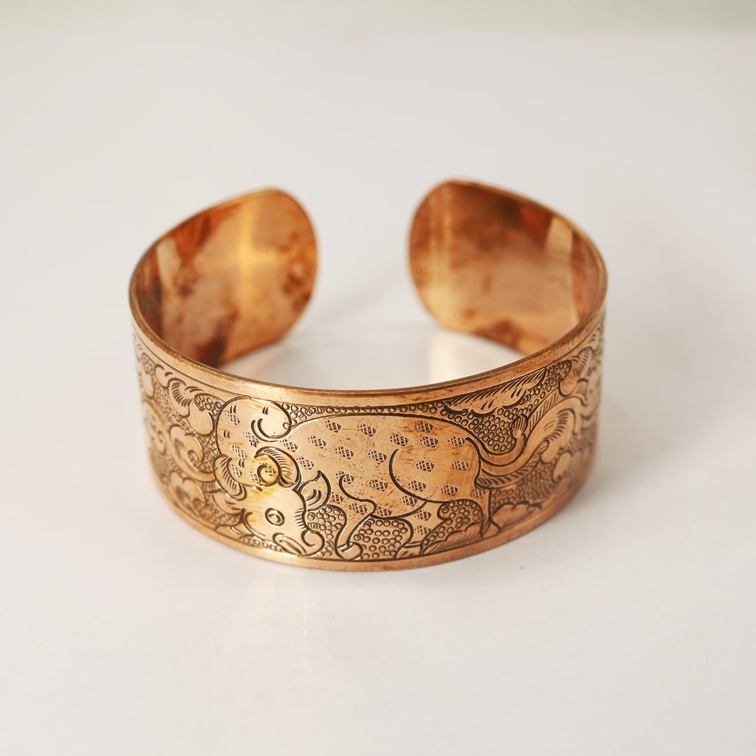 Solid Copper Adjustable Cuff Bracelet / Embossed Floral Design Antique Finish (1 of 3)