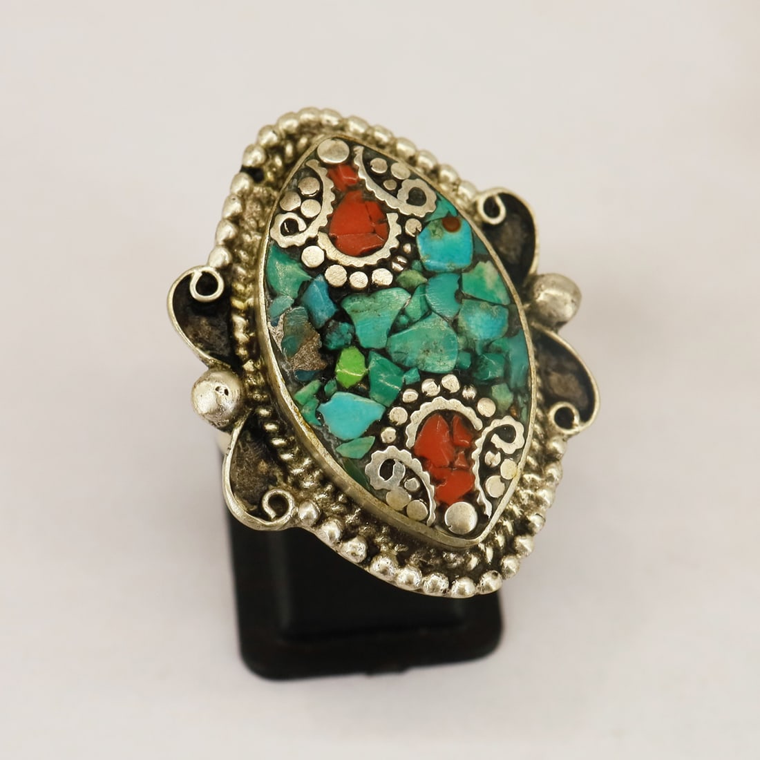 Natural Turquoise & Coral Handmade Vintage Ring - Free Size: Product ID: 250826172930 Product - Tibetan Handmade Ring Gemstone - Natural Turquoise & Coral Size - Free Size Weight - 13 Gram Metal - Brass & Copper mix Metal Origin - Nepal Country/Region of Manufa