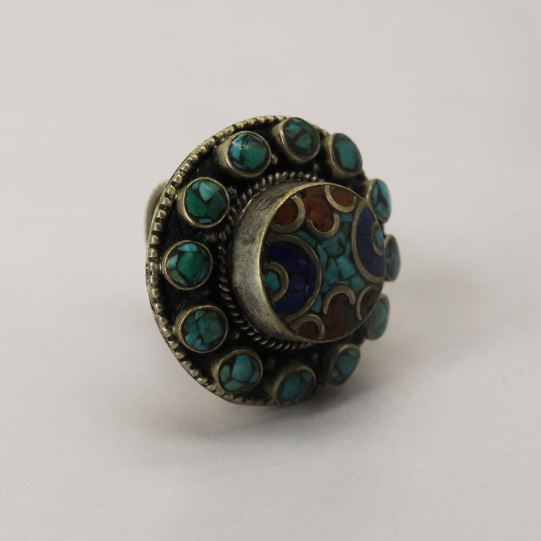 Natural Rough Turquoise Handmade Vintage Ring - 10 MM: Product ID: 250814155624 Product - Tibetan Handmade Ring Gemstone - Natural Turquoise & Coral Size - 10 MM Weight - 23 Gram Metal - Brass & Copper mix Metal Origin - Nepal Country/Region of Manufactur
