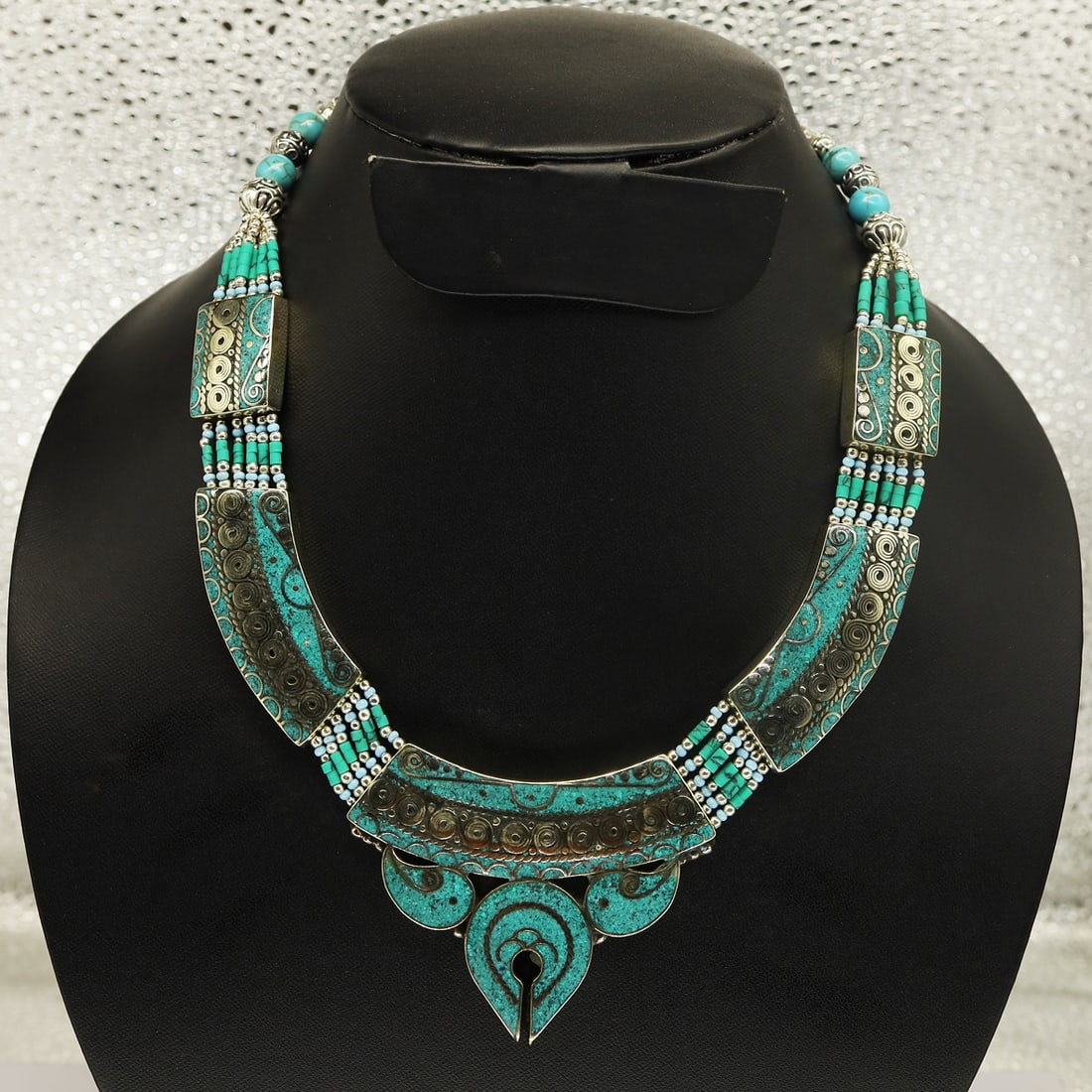 Tibetan Natural Turquoise Handmade Designer Necklace: Product ID: 250810113201 Product - Tibetan Handmade Necklace Gemstone - Natural Turquoise Size - 18 Inch Long Weight - 100 Gram Approx Metal - Brass & Copper mix Metal Origin - Nepal Country/Region of