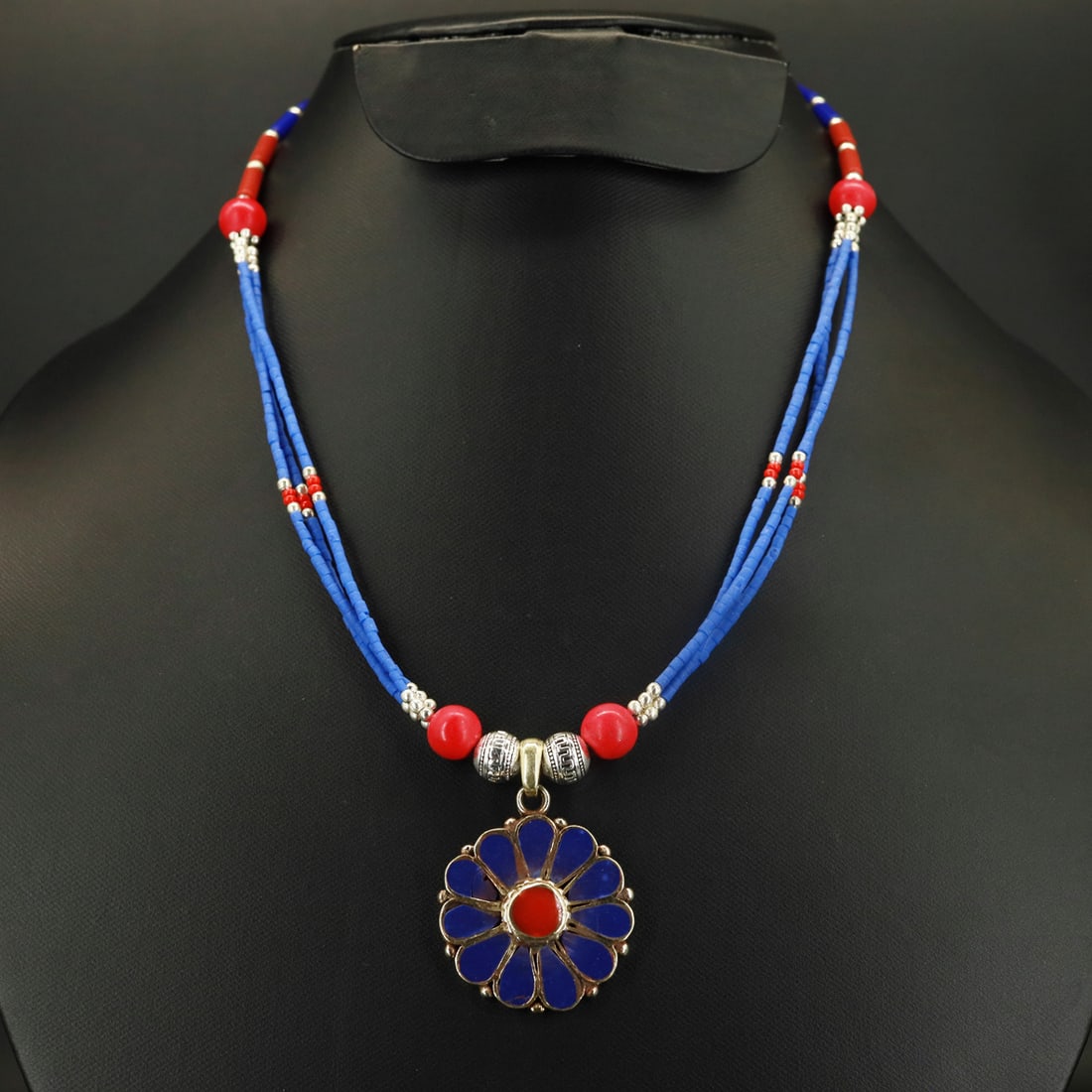 Natural Lapis & Coral Handmade Pendant Boho Necklace (1 of 3)