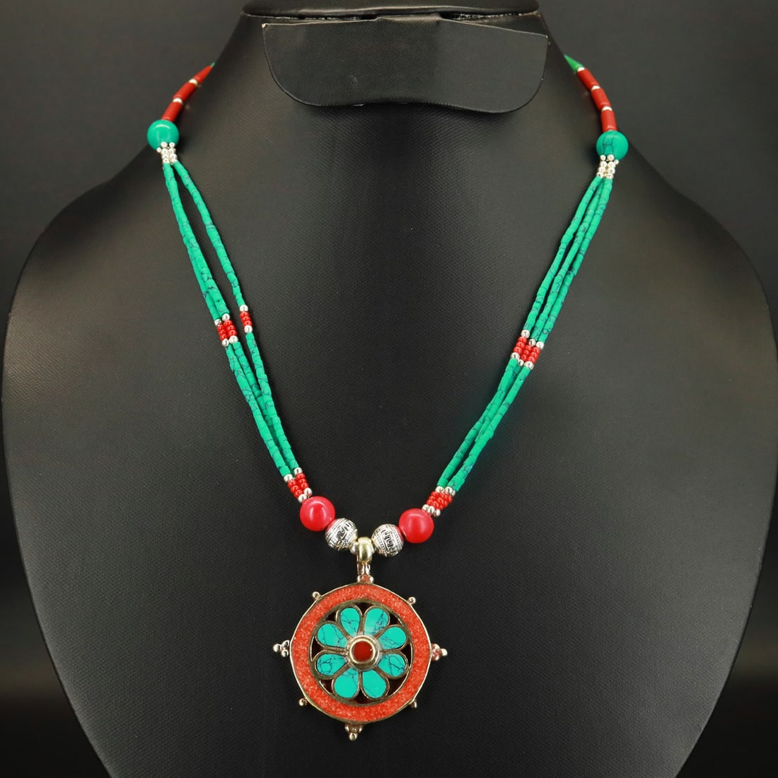 Tibetan Natural Turquoise & Coral Handmade Pendant Necklace (1 of 3)