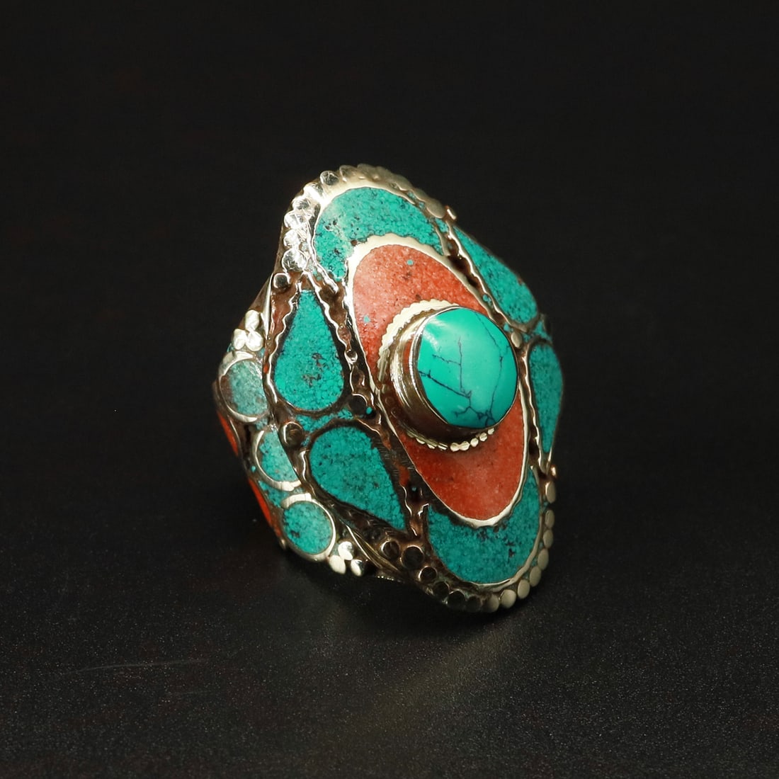 Tibetan Natural Turquoise & Coral Handmade Boho Ring - Free Size (1 of 3)