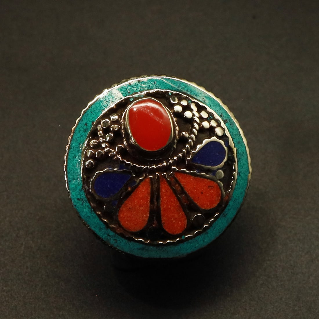 Tibetan Turquoise, Coral & Lapis Handmade Ring - Free Size (1 of 3)