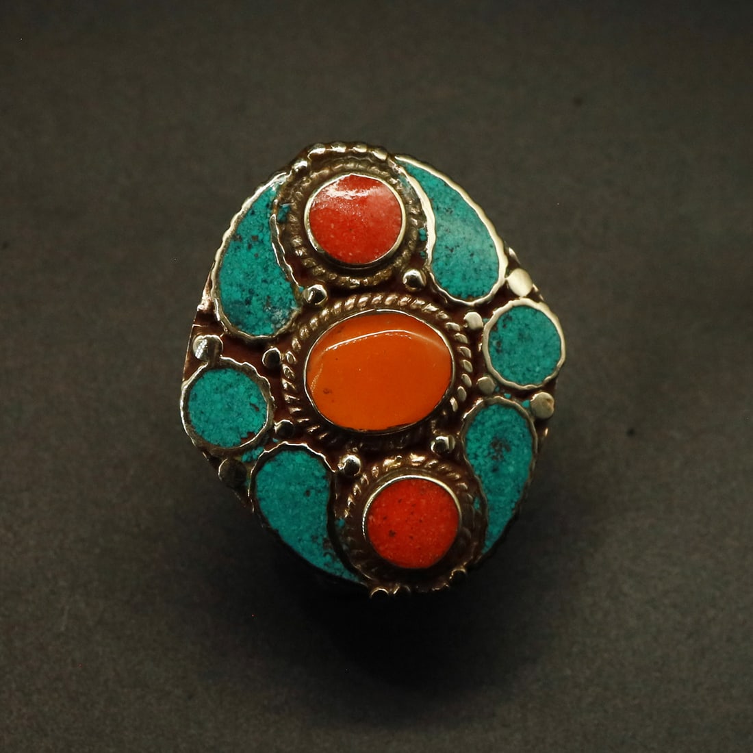 Tibetan Turquoise & Coral Handmade Ethnic Ring - Free Size: Product ID: 250928173301 Product - Tibetan Natural Handmade Ring Gemstone - Natural Turquoise & Coral Ring Size - Free Size Weight - 19 Gram Metal - Brass & Copper mix Metal Origin - Nepal Country/Reg