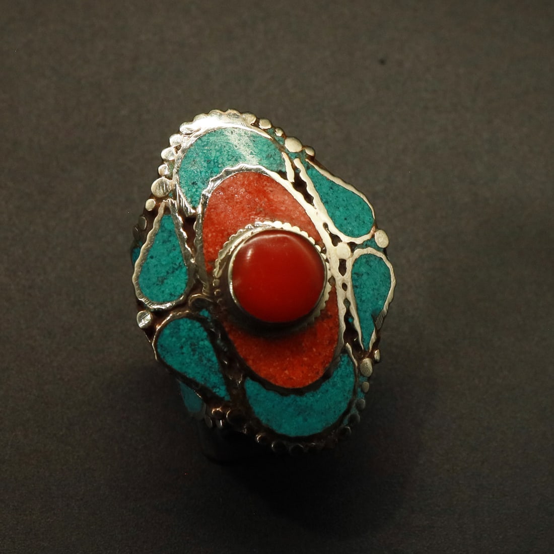 Tibetan Turquoise & Coral Handmade Unique Ring - Free Size (1 of 3)