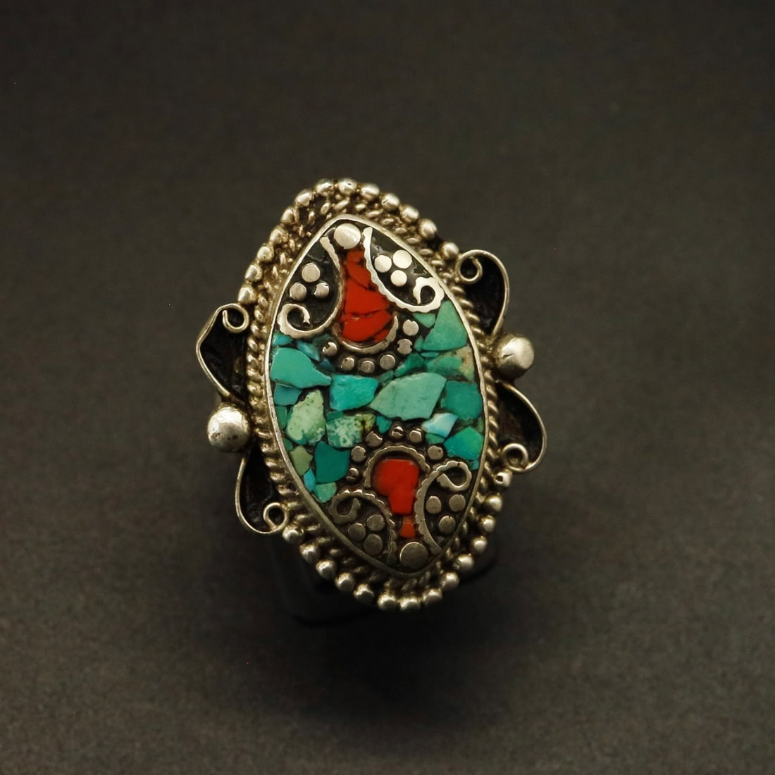 Natural Old Turquoise & Coral Handmade Tibet Ring - Free Size: Product ID: 250928172034 Product - Tibetan Natural Handmade Ring Gemstone - Natural Old Turquoise & Coral Ring Size - Free Size Weight - 13 Gram Metal - Brass & Copper mix Metal Origin - Nepal Country