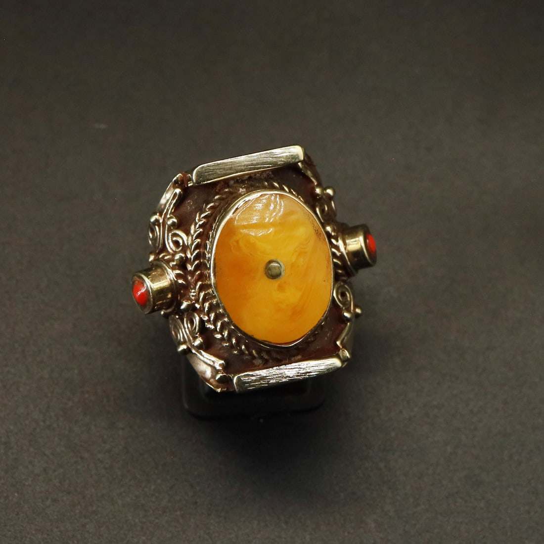 Tibetan Old Copal & Coral Handmade Ethnic Ring - 11 MM: Product ID: 250928165447 Product - Tibetan Natural Handmade Ring Gemstone - Natural Copal & Coral Ring Size - 10 MM Weight - 33 Gram Metal - Brass & Copper mix Metal Origin - Nepal Country/Region of M