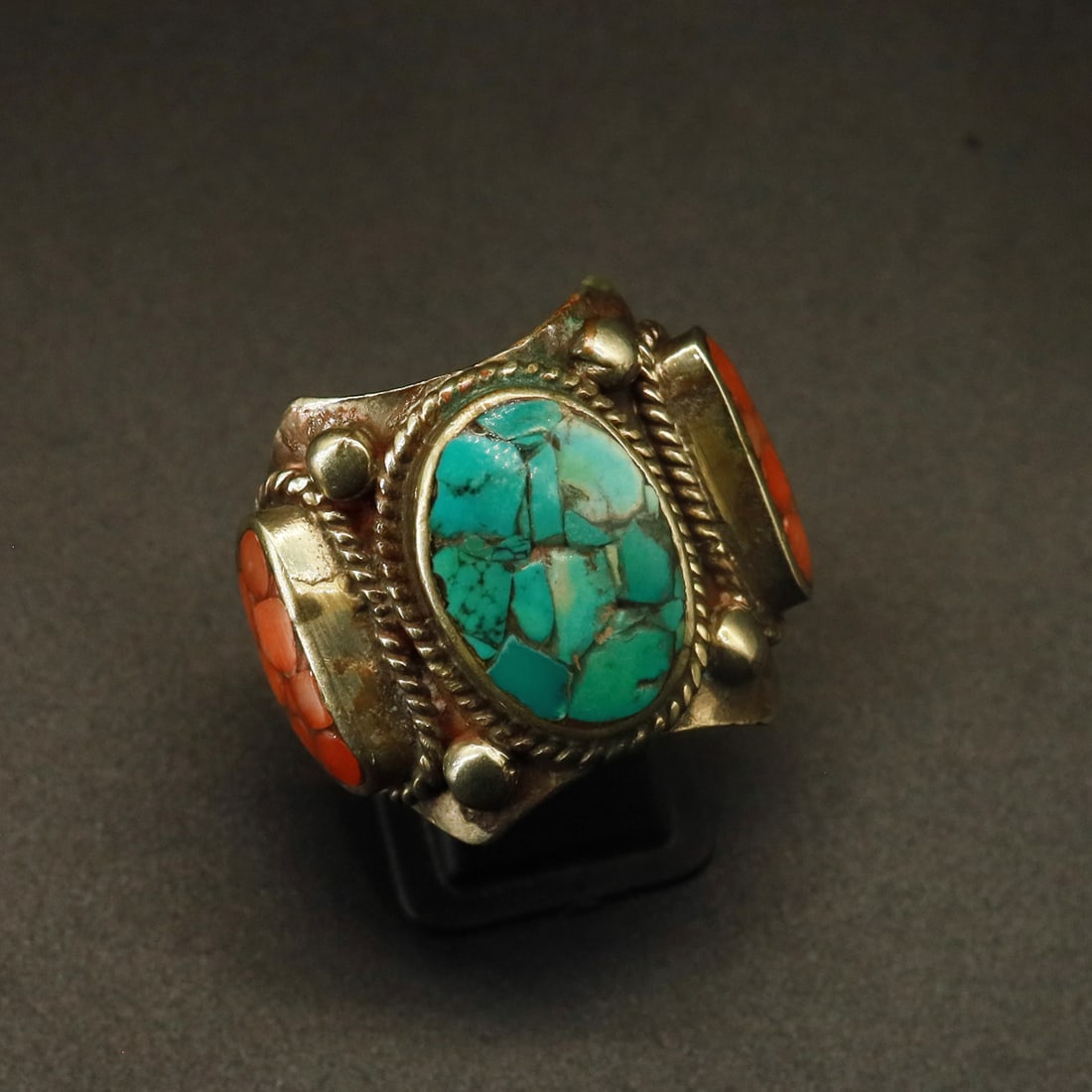 Natural Old Turquoise & Coral Handmade Ethnic Ring - 11 MM: Product ID: 250928164202 Product - Tibetan Natural Handmade Ring Gemstone - Natural Old Turquoise & Coral Ring Size - 11 MM Weight - 17 Gram Metal - Brass & Copper mix Metal Origin - Nepal Country/Reg