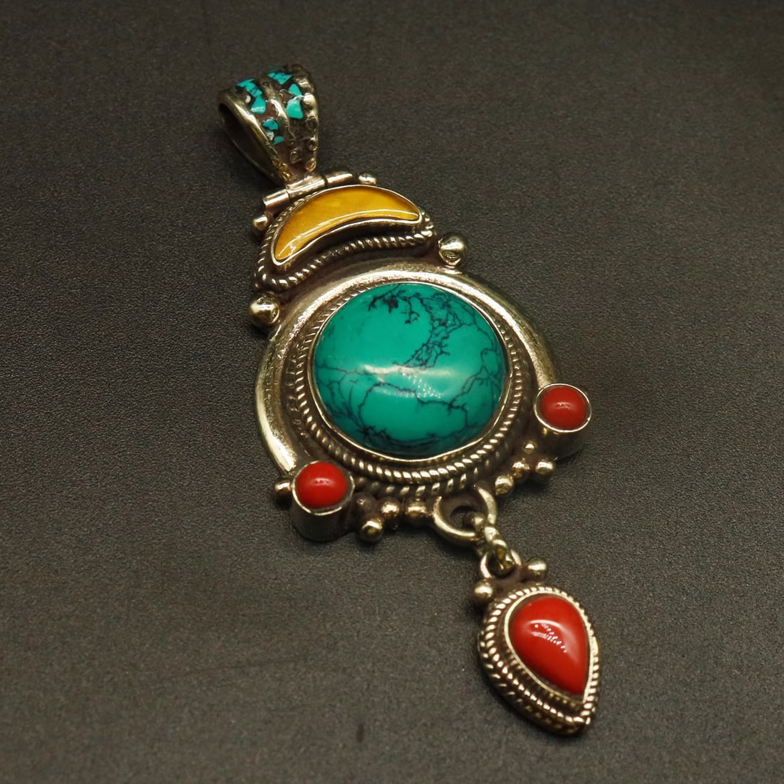 Tibetan Turquoise & Coral Handmade Ethnic Pendant (1 of 3)