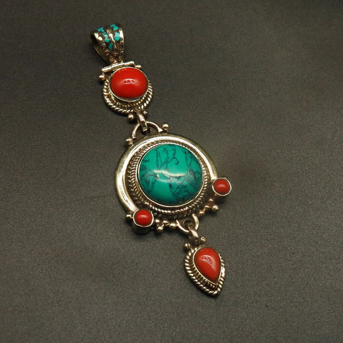 Tibetan Turquoise & Coral Handmade Ethnic Boho Pendant (1 of 3)
