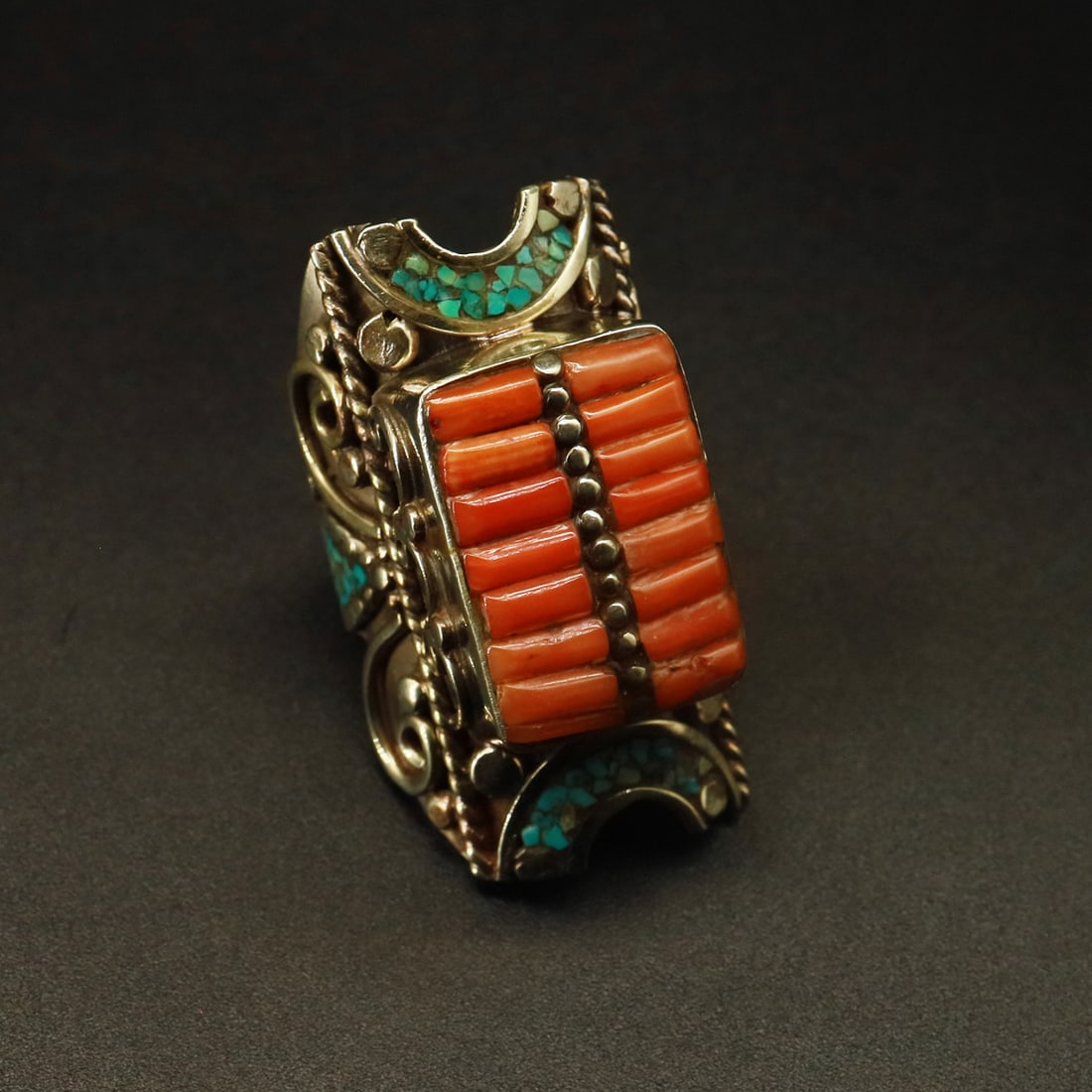 Tibetan Old Turquoise & Coral Handmade Vintage Ring - 10 MM: Product ID: 250928163726 Product - Tibetan Old Handmade Ring Gemstone - Natural Turquoise & Coral Ring Size - 10 MM Weight - 24 Gram Metal - Brass & Copper mix Metal Origin - Nepal Country/Region of M