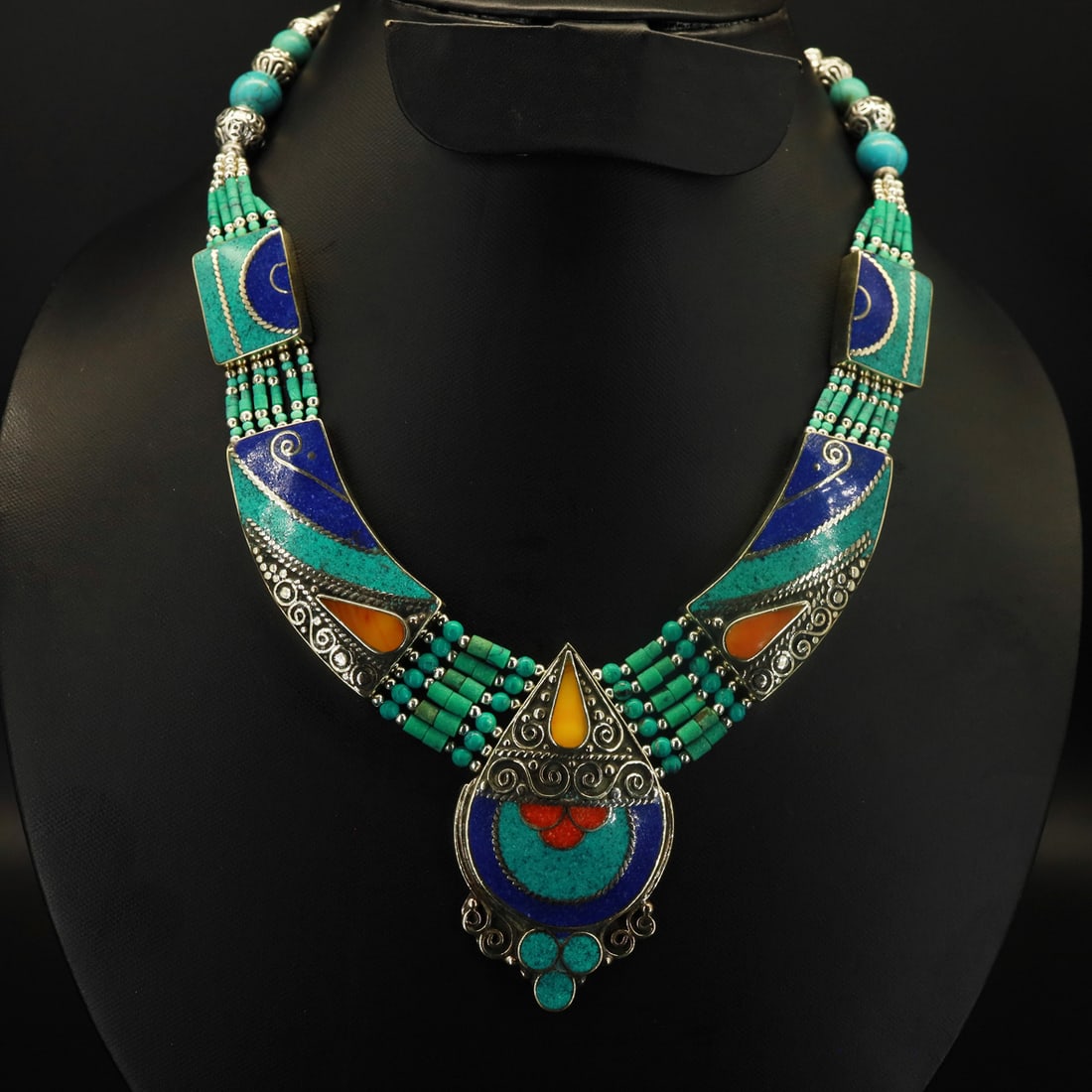 Tibetan Turquoise, Coral & Lapis Handmade Choker Bold Necklace: Product ID: 251002145932 Product - Tibetan Handmade Necklace Gemstone - Natural Turquoise, Coral, Copal & Lapis Size - 18 Inch Long Weight - 100 Gram Approx Metal - Brass & Copper mix Metal Origin - N