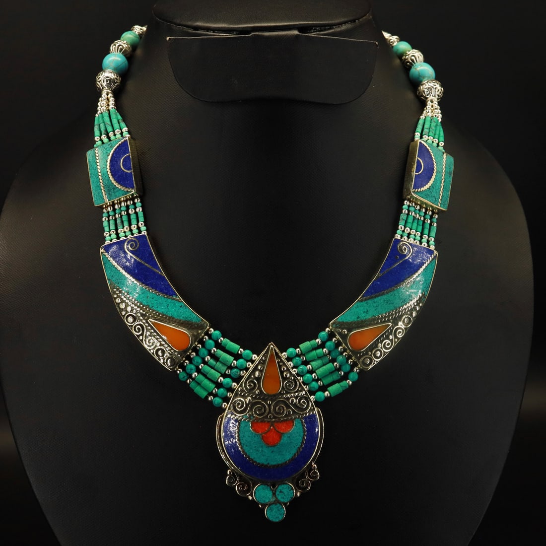 Tibetan Turquoise & Coral Handmade Choker Royal Necklace: Product ID: 251002150025 Product - Tibetan Handmade Necklace Gemstone - Natural Turquoise, Coral, Copal & Lapis Size - 18 Inch Long Weight - 100 Gram Approx Metal - Brass & Copper mix Metal Origin - N