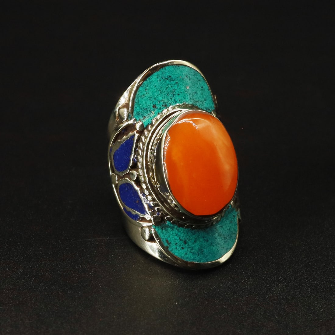 Tibetan Turquoise & Copal Handmade Ethnic Choker Ring - 11 MM (1 of 3)