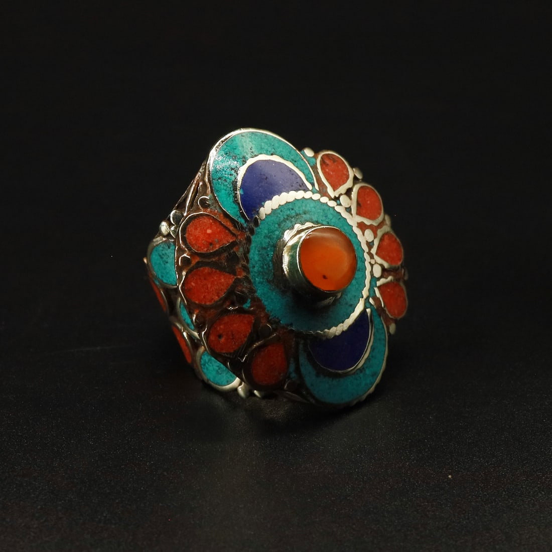 Tibetan Natural Turquoise & Coral Adjustable Handmade Ring (1 of 3)