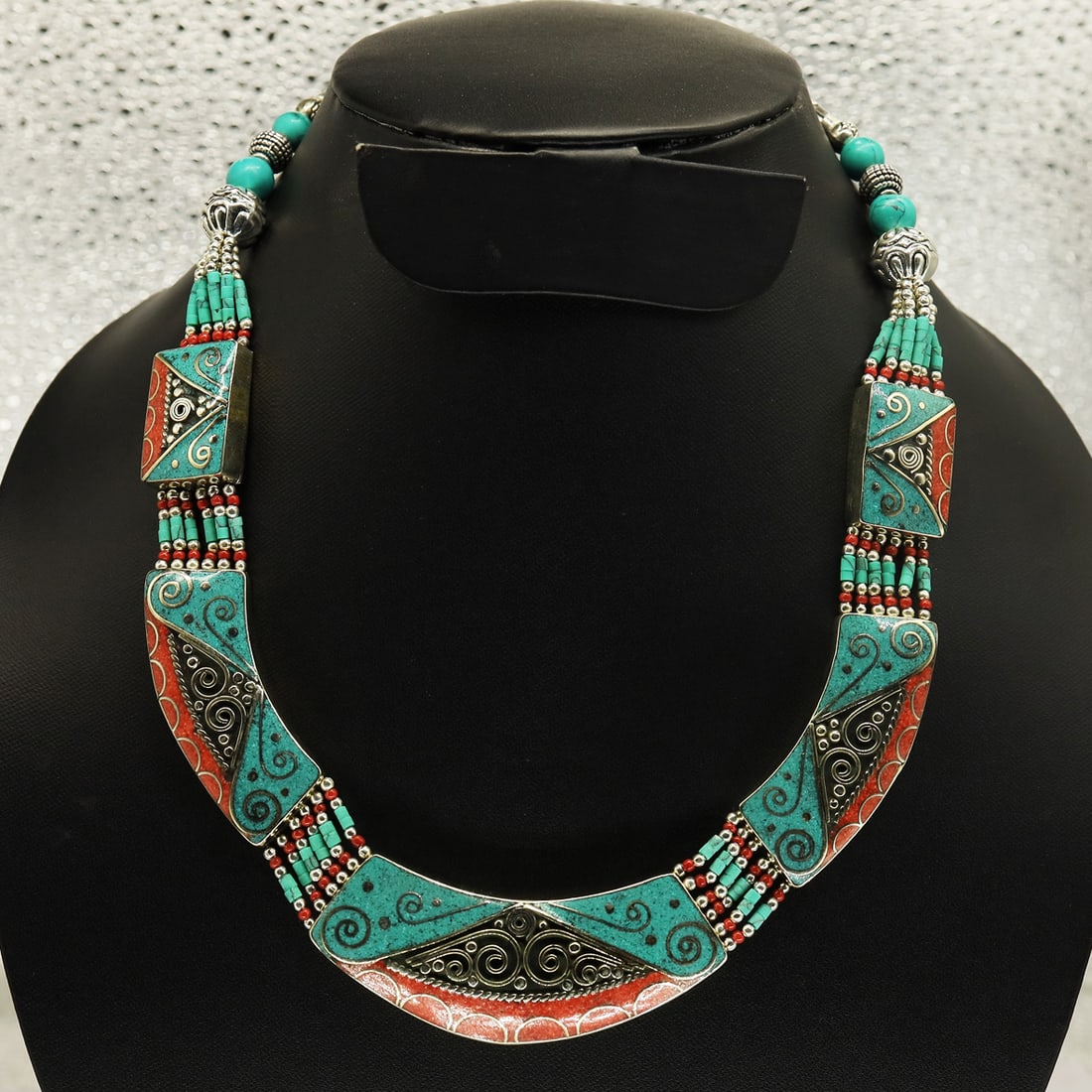 Tibetan Turquoise & Coral Handmade Choker Bold Necklace: Product ID: 250806150756 Product - Tibetan Handmade Necklace Gemstone - Natural Turquoise & Copal Size - 18 Inch Long Weight - 100 Gram Approx Metal - Brass & Copper mix Metal Origin - Nepal Country/R