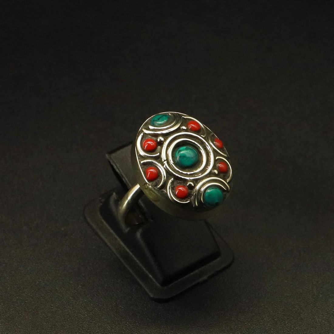 Tibetan Turquoise & Coral Handmade Ring - Free Size (1 of 3)