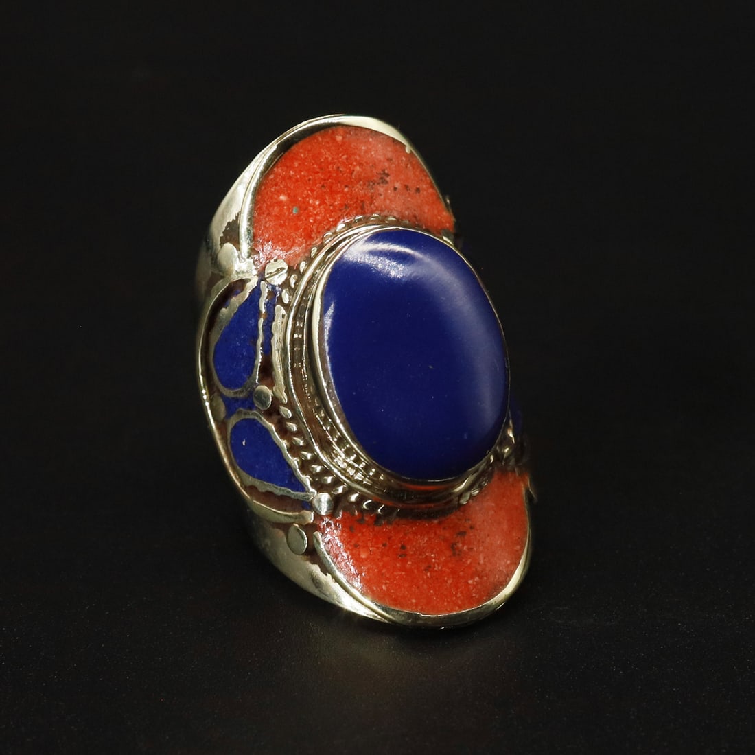 Tibetan Natural Lapis & Coral Handmade Ethnic Ring - 11 MM: Product ID: 250923155431 Product - Tibetan Handmade Ring Gemstone - Natural Lapis & Coral Ring Size - 11 MM Weight - 19 Gram Metal - Brass & Copper mix Metal Origin - Nepal Country/Region of Manufactu