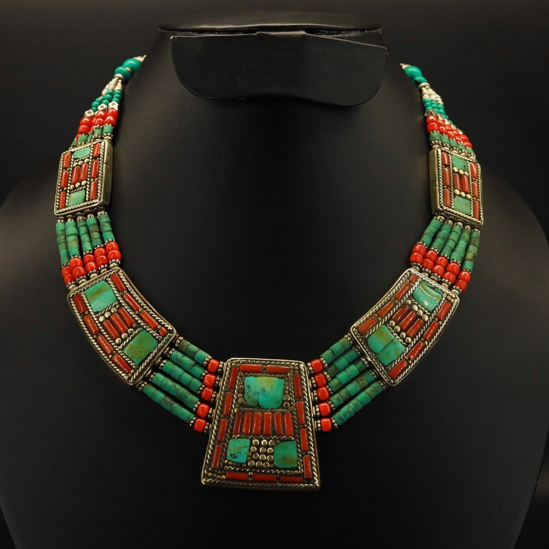Tibetan Old Turquoise & Coral Handmade Vintage Necklace: Product ID: 250912132024 Product - Tibetan Handmade Necklace Gemstone - Natural Turquoise & Coral Size - 18 Inch Long Weight - 146 Gram Metal - Brass & Copper mix Metal Origin - Nepal Country/Region o