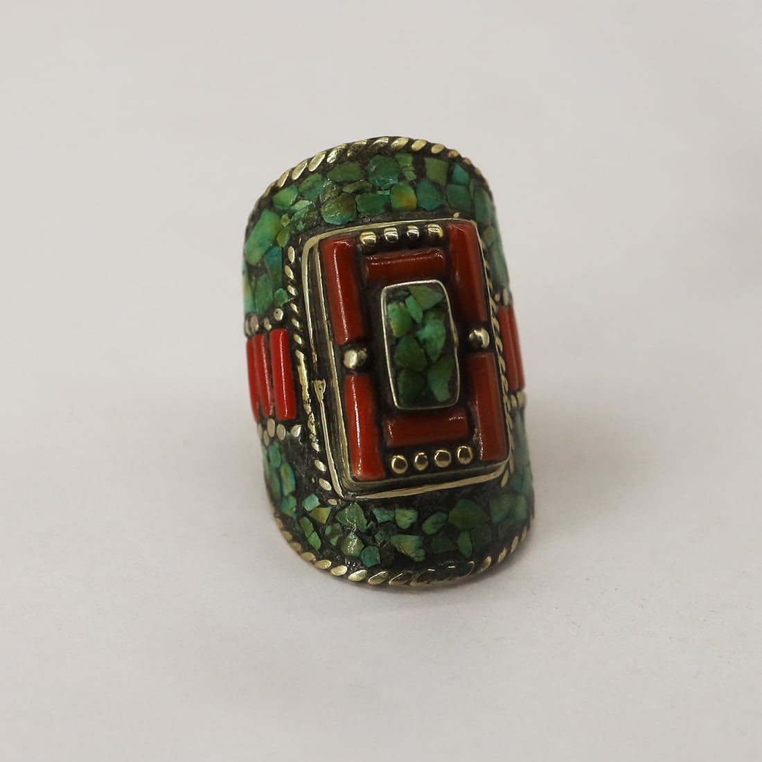 Tibetan Natural Turquoise & Coral Vintage Ring - 9 MM: Product ID: 250814160342 Product - Tibetan Handmade Ring Gemstone - Natural Turquoise & Coral Size - 9 MM Weight - 36 Gram Metal - Brass & Copper mix Metal Origin - Nepal Country/Region of Manufacture