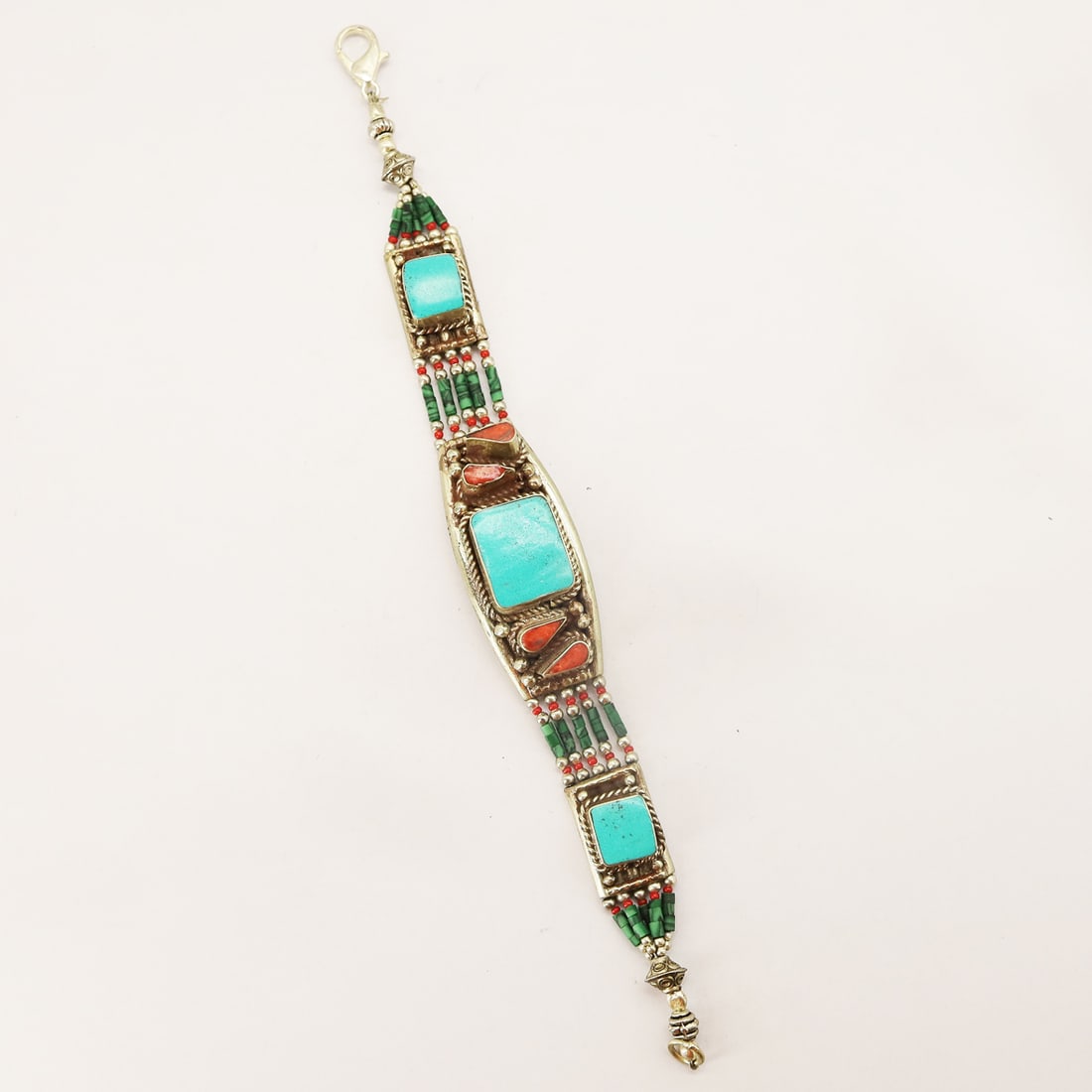 New Arrival - Tibetan Turquoise & Coral Handmade Boho Bracelet: Product ID: 250810172755 Product - Tibetan Handmade Bracelet Gemstone - Natural Turquoise & Coral Size - 7 Inch Weight - 40 Gram Approx Metal - Brass & Copper mix Metal Origin - Nepal Country/Region o