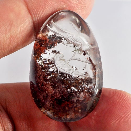 Natural White Quartz 75.00 Ct. Birds Carving Inner Moss Pear Cabochon Shape 36 x 24 Mm Gemstone from: Product ID: 805527050 Product Name: Natural Quartz Weight: 75.00 CT. Size: 36 x 24 x 15 MM. Shape: Pear Cabochon Color: White Clarity:Semi - Transparent Luster: Good Gems Origin: Thailand Treatment: U