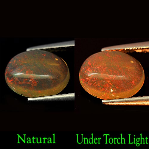 Natural Play Of Multi Color Opal 1.51 Ct. Oval Cabochon Shape 10 x 8 Mm. Gemstone From Ethiopia: Product ID: 818726998 Product Name: Natural Opal Weight: 1.51 CT. Size: 10 x 8 x 3.5 MM. Shape: Oval Cabochon Color: Multi-Color Clarity:Semi - Transparent Luster: Good Gems Origin: Ethiopia Treatment