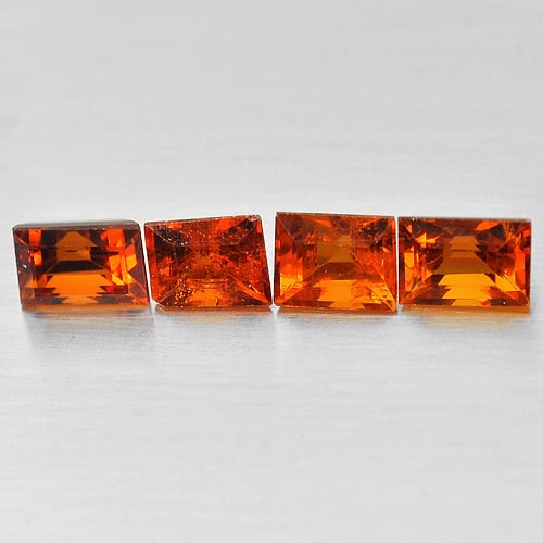 Natural Reddish Orange Spessartine Garnet 2.21 Ct. 4 Pcs. Baguette Shape 4.9 x 3.4 Mm. Gemstone From: Product ID: 802924764 Product Name: Natural Spessartine Weight: 2.21 CT. Size: 4.9 x 3.4 x 4.4 MM. Shape: Baguette Color: Reddish Orange Clarity:VVS Luster: Good Gems Origin: Nigeria Treatment: Unheat