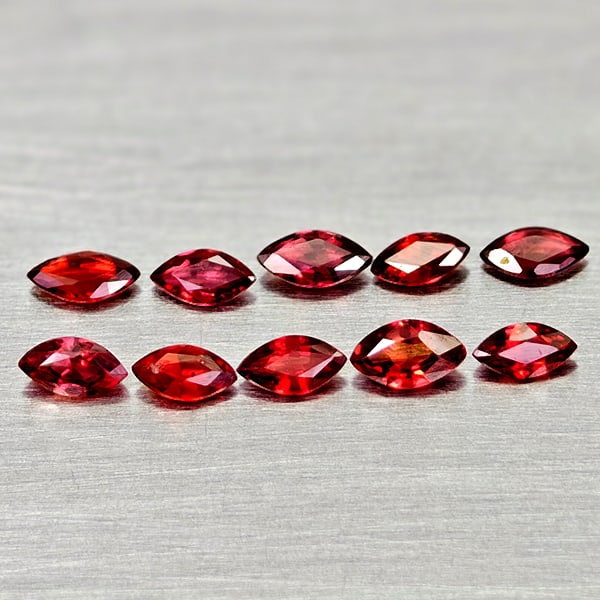 Natural Orangish Red Songea Sapphire 0.99 Ct. 10 Pcs Marquise Shape Gemstones: Product ID: 806162298 Product Name: Natural Red Sapphire Weight: 0.99 CT. Size: 4.2 x 2.5 x 1.7 to 8.3 x 2.1 x 1.3 MM. Shape: Marquise Shape Color: Orangish Red Clarity:VSI Luster: Good Gems Origin: T