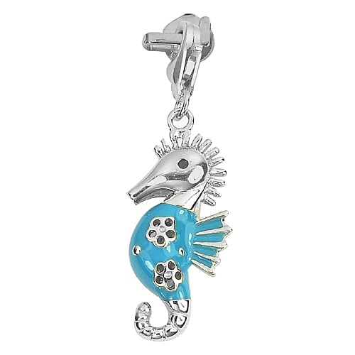 925 Sterling Silver Pendant Jewelry White Gold Plated 2.63 Grams Seahorse Blue Enamel (1 of 3)