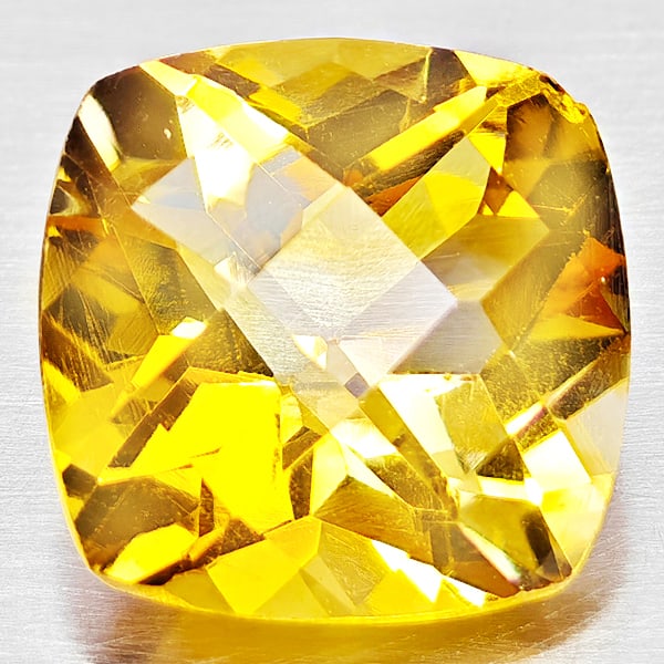 Natural Yellow Citrine 4.10 Ct. Cushion Checkerboard 10.2 x 10.2 Mm. Gemstone From Brazil: Product ID: 801815273 Product Name: Natural Citrine Weight: 4.10 CT. Size: 10.2 x 10.2 x 7.2 MM. Shape: Cushion Checkerboard Color: Yellow Clarity:VSI Luster: Good Gems Origin: Brazil Treatment: Unhea