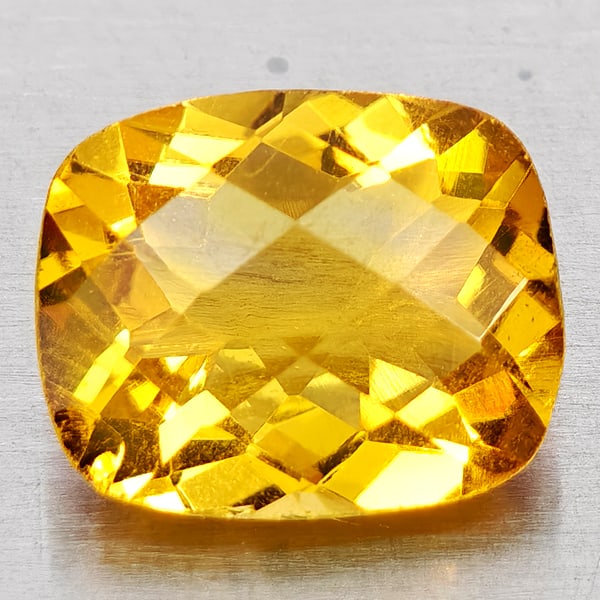 Natural Yellow Citrine 2.54 Ct. Cushion Checkerboard Cut 10 x 8.1 Mm. Gemstone From Brazil: Product ID: 801815195 Product Name: Natural Citrine Weight: 2.54 CT. Size: 10 x 8.1 x 5.1 MM. Shape: Cushion Checkerboard Cut Color: Yellow Clarity:VVS - VSI Luster: Good Gems Origin: Brazil Treatment