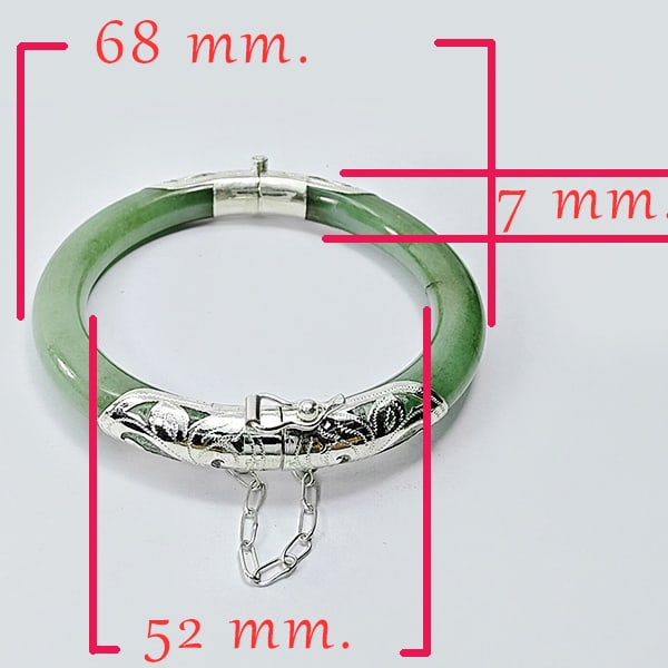 Natural Genuine Jade 154.57 Ct. Bangle Diameter With Silver Jewelry: Product ID: 818102573 Product Name: Natural Gemstones Weight: 154.57 CT. Size: 68 x 52 x 7 MM. Shape: None Color: Green Clarity:Opaque Luster: None Gems Origin: Burma Treatment: Unheated Crystal Struc