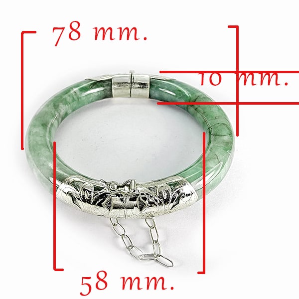 Natural Multi Color Green Jade 328.25 Ct. Round Bangle with Real Silver 78 x 58 Mm Gemstone from: Product ID: 818102587 Product Name: Natural Gemstones Weight: 328.25 CT. Size: 78 x 58 x 10 MM. Shape: Round Cabochon Color: Multi-Color Green Clarity:Opaque Luster: Good Gems Origin: Thailand Treatme