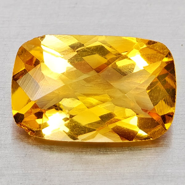 Natural Yellow Citrine 2.45 Ct. Cushion Checkerboard Cut 11.2 x 8.3 Mm. Gemstone From Brazil: Product ID: 801815197 Product Name: Natural Citrine Weight: 2.45 CT. Size: 11.2 x 8.3 x 5 MM. Shape: Cushion Checkerboard Cut Color: Yellow Clarity:VVS - VSI Luster: Good Gems Origin: Brazil Treatment