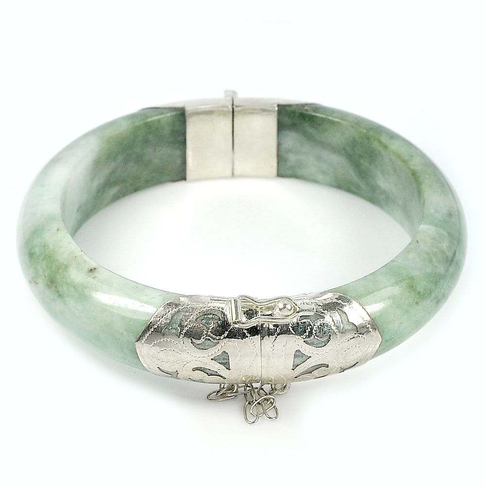 Natural Green Jade Bangle 375.00 Ct. with Silver Diameter 60 Mm. Gemstone From Thailand (1 of 3)