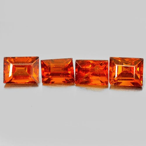 Natural Reddish Orange Spessartine Garnet 2.03 Ct. 4 Pcs. Baguette Shape 4.5 x 3.5 Mm Gemstone From: Product ID: 802924761 Product Name: Natural Spessartine Weight: 2.03 CT. Size: 4.5 x 3.5 x 3.3 MM. Shape: Baguette Color: Reddish Orange Clarity:VVS Luster: Good Gems Origin: Nigeria Treatment: Unheat